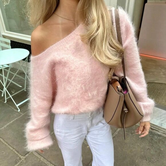 Pink Casual Women's Faux Fur Knit Loose Pullover Sweater - Picture 6 of 8